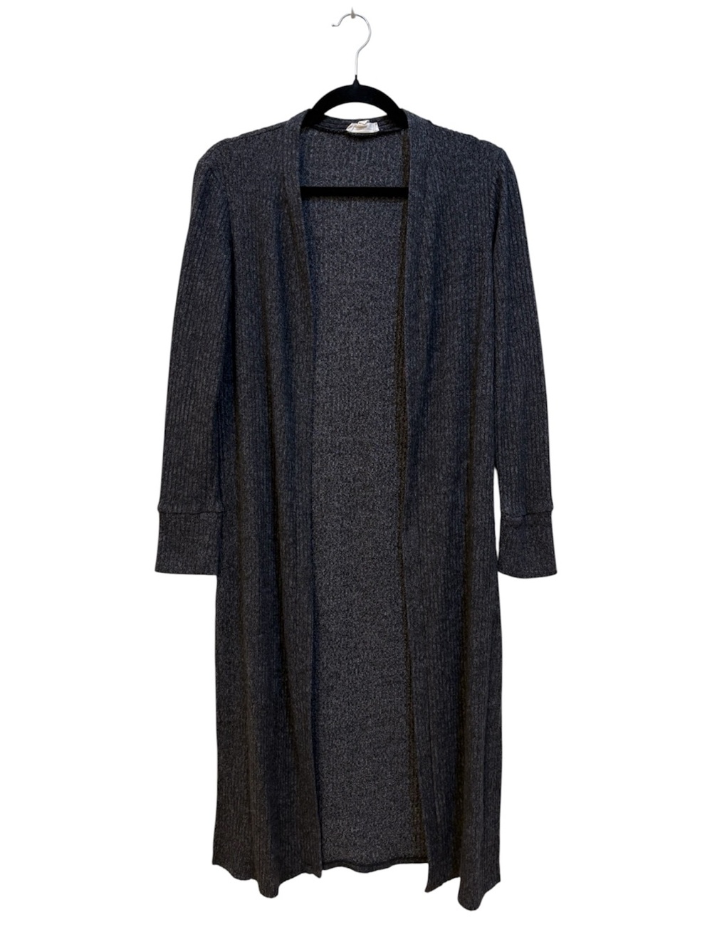 Long Open-Front Ribbed Duster Cardigan - Charcoal